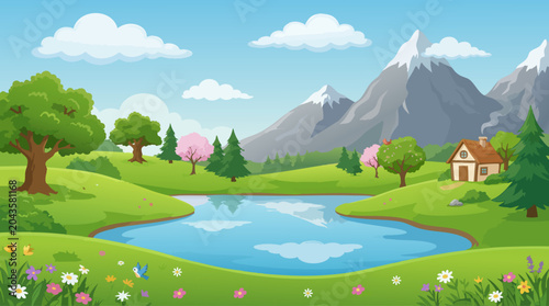 Cartoon landscape with mountains and lake house