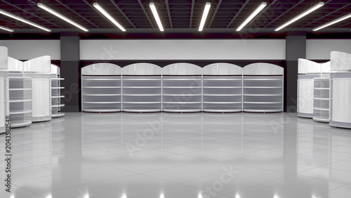Supermarket interior mockup with rounded display racks, white glossy floor, lighting on the black ceiling. 3d illustration