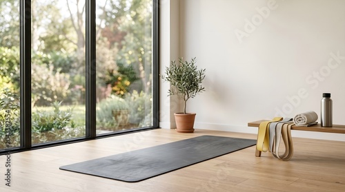 Modern yoga room with natural light and wood floors