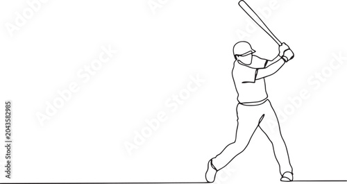 Baseball player swinging bat on transparent background, dynamic action shot, single line drawing, athlete, sport.