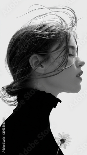 Monochrome silhouette profile of a woman blowing a dandelion
