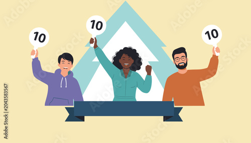 Smiling judges holding up perfect ten score signs
