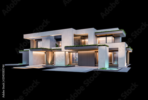 3d rendering of two-story house with parking and pool for sale or rent with concrete facade and beautiful landscaping on background. Clear night isolated on black