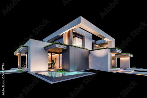 3d rendering of two-story house with parking and pool for sale or rent with concrete facade and beautiful landscaping on background. Clear night isolated on black