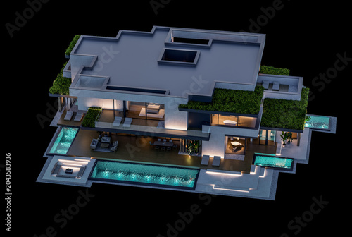 3d rendering of two-story house with parking and pool for sale or rent with concrete facade and beautiful landscaping on background. Clear night isolated on black