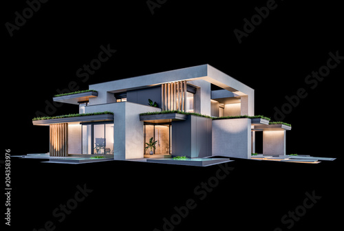 3d rendering of two-story house with parking and pool for sale or rent with concrete facade and beautiful landscaping on background. Clear night isolated on black
