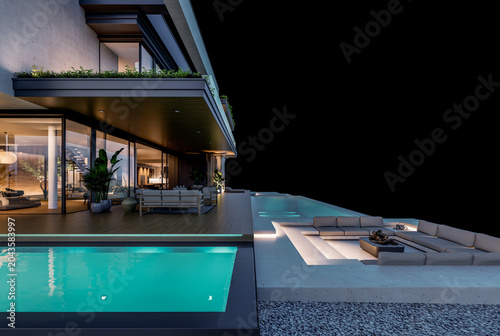 3d rendering of two-story house with parking and pool for sale or rent with concrete facade and beautiful landscaping on background. Clear night isolated on black