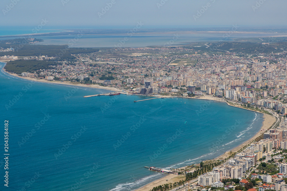 Fototapeta premium Panoramic view of the city of Vlore and the sea coast in Albania