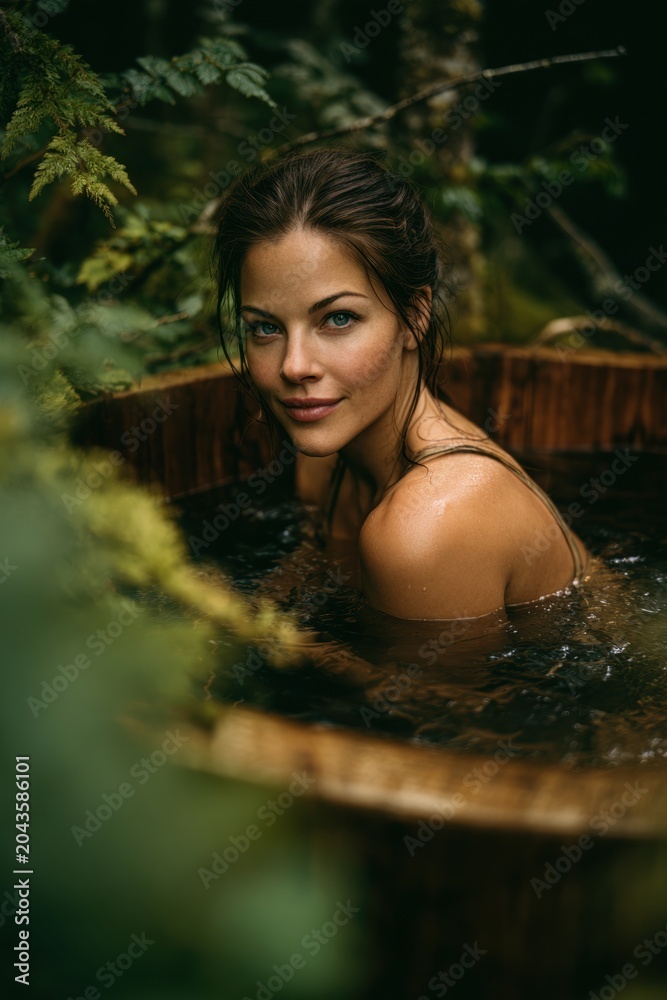 Fototapeta premium Woman bathing in a rustic wooden tub surrounded by lush forest greenery. Outdoor spa relaxation and wellness concept in nature. Serene woman enjoying a soak in a woodland setting.