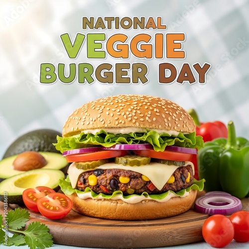 Delicious veggie burger on a wooden board with fresh vegetables and avocado for national veggie burger day celebration