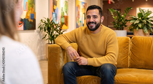 Smiling man with a beard sitting on a yellow sofa during a conversation. Casual male in a yellow sweater talking in a modern lounge. Therapy or interview concept