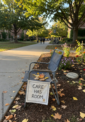 Care has room sign on a chair on a campus with autumn leaves.