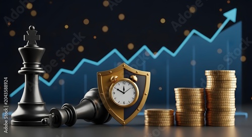 Strategic financial planning and protection concept with chess pieces clock and gold coins