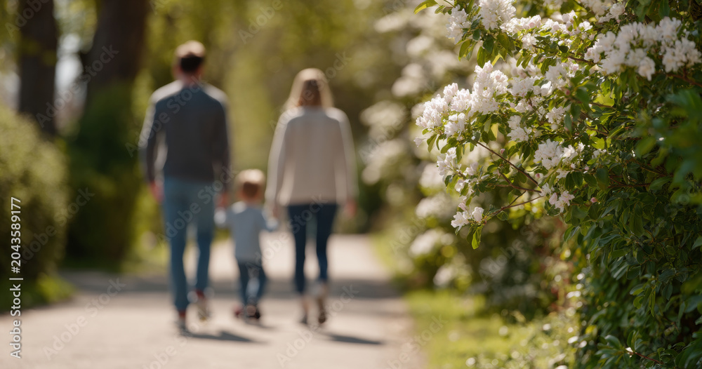 Obraz premium Family walking on path with blooming flowers