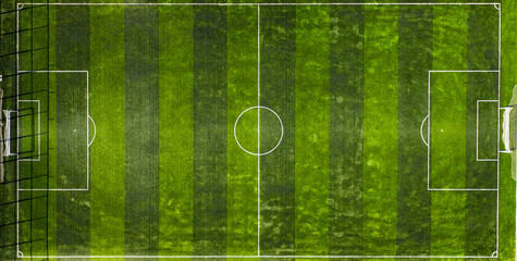 empty Soccer Field From Above Showing Markings, overhead drone shot