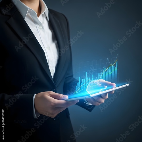 Business professional analyzing data on a tablet with rising graph
