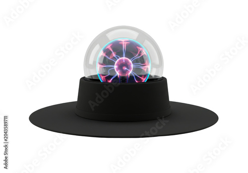 Plasma globe atop a wide brimmed black hat isolated white background