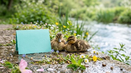 Ducklings Resting Beside Blank Aqua Greeting Card by Riverside