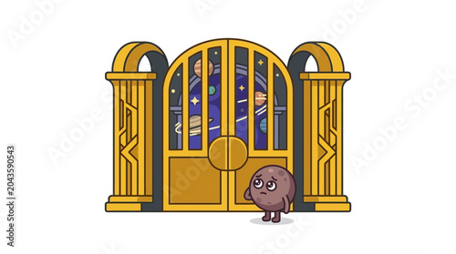 фотографія A cute cartoon planet standing in front of a grand golden gate.