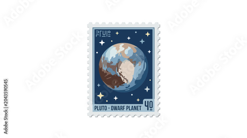 Принти на полотні A postage stamp featuring an illustration of the dwarf planet Pluto in space