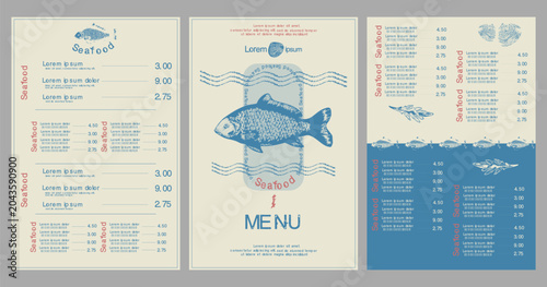 Seafood restaurant menu template with fish illustration, nautical wave patterns, and minimalist layout. Vector ocean sea fish restaurant card background front and back sheet design