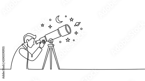 Foto A continuous line drawing of a person observing the night sky through a telescope