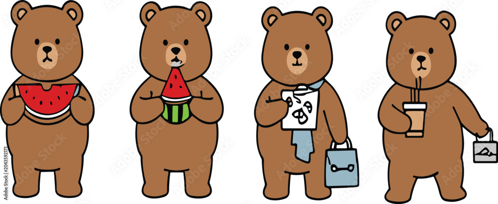 Fototapeta premium Cute Kawaii Bear Character Collection Holding Watermelon Coffee and Shopping Bag Adorable Cartoon Animal Lifestyle Vector Set