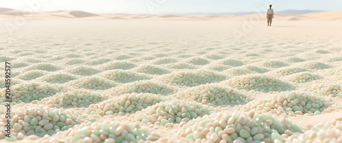 Desert landscape with geometric mounds of colored pebbles and sand.