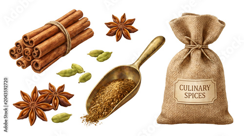 Culinary spices on transparent background with cinnamon star anise and cardamom