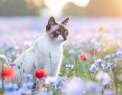 Siamese cat in a field of colorful wildflowers at sunset.