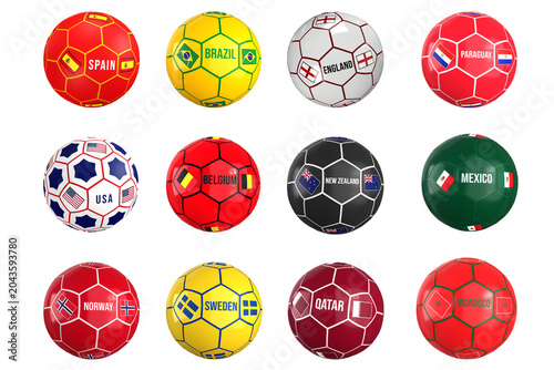 Foto World Cup football soccer balls set with country flags and names on transparent