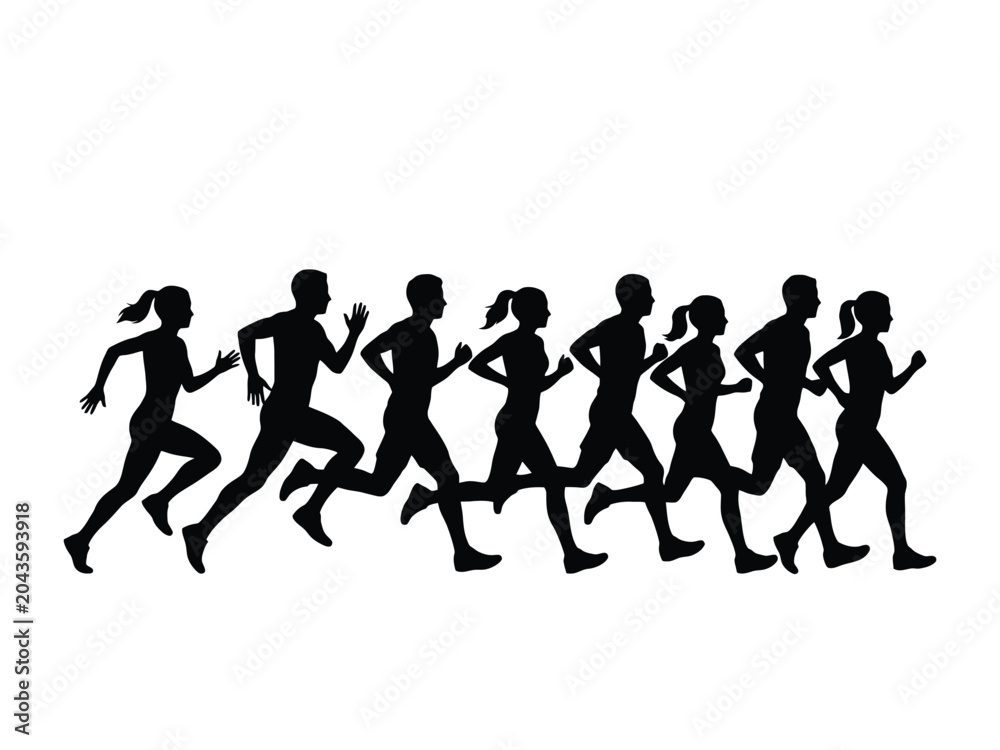 Fototapeta premium group of runners in motion silhouette black white background athletes race fitness exercise marathon people activity sport competition dynamic energy teamwork endurance