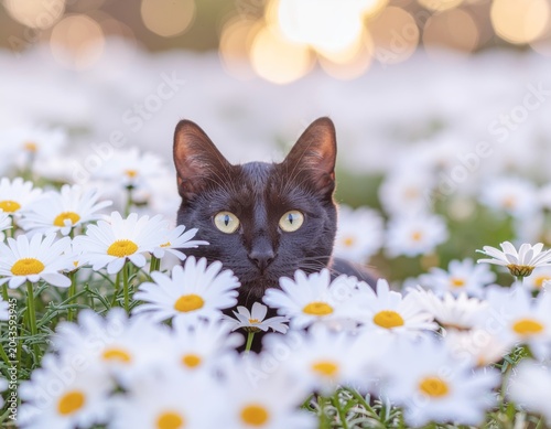 Black Cat Peeking Through a Field of White Daisy Flowers.