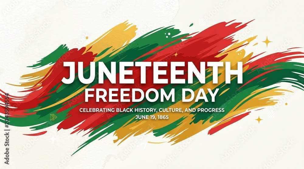 Fototapeta premium Juneteenth Freedom Day banner, artistic Pan-African colors brush strokes, celebrating Black history culture and progress on June 19 1865