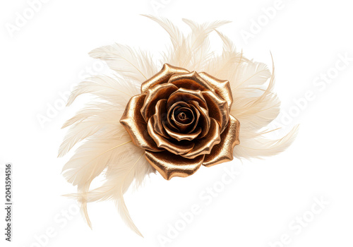 Glimmering gold rose with creamy feathers, a luxurious floral arrangement isolated white background