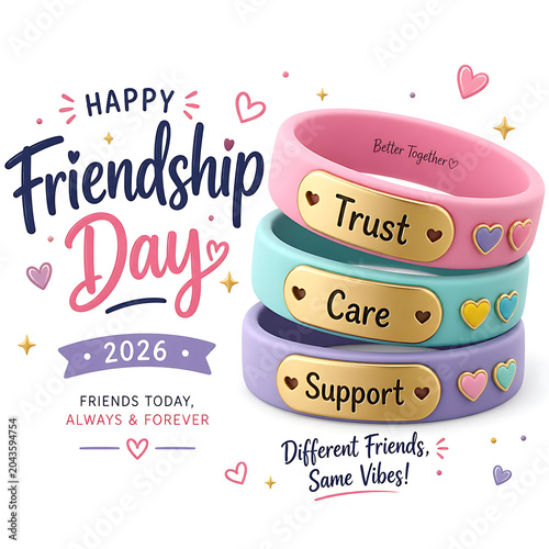 A vibrant friendship day greeting card with stacked colorful bracelets illustrating trust care and support for lasting bonds transparent background