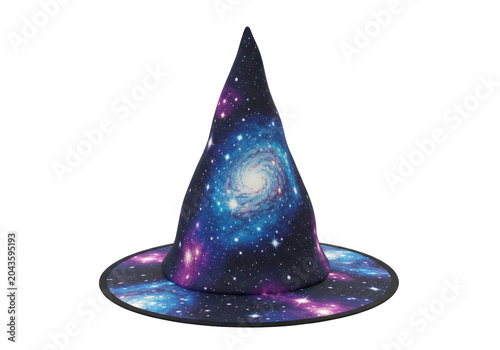 A cosmic witch's hat with detailed galaxy pattern and black trim isolated white background