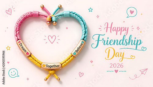 Vibrant braided friendship bracelet forms a loving heart shape celebrating Happy Friendship Day 2026 with inspiring words transparent background