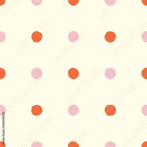 Colorful polka dot pattern with hand drawn circles. Seamless background for textile, wrapping paper and web design. Festive wallpaper with abstract geometric shape elements. Vector illustration