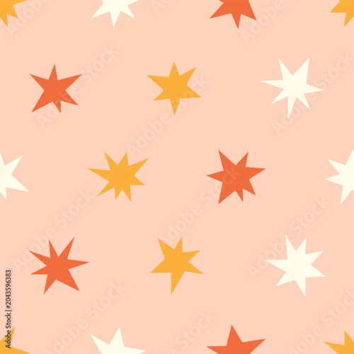 Cute trendy hand drawn vector seamless pattern with colorful stars. Whimsical baby pattern for prints, wallpaper. Bright endless background. Celestial vector illustration. Charming stars pattern