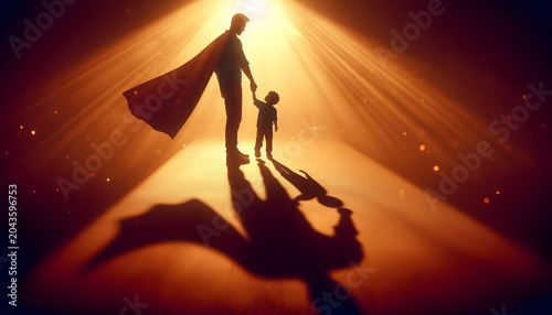 Dad like superhero with son against the sunset light 