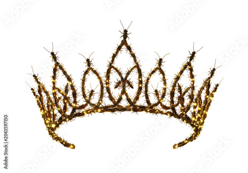 Intricate crown of tiny insects with warm lights isolated white background