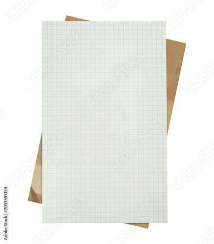 White grid paper sheet template with brown envelope isolated on white background, top view minimalist stationery mockup for planning, mathematical coordinate notebook page flat lay, memo pad pack.