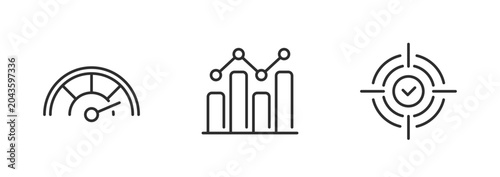 A set of three line-style vector icons depicting a speedometer, a bar chart, and a crosshair target on a plain background. Each symbol is clean, monochrome, and suitable for user