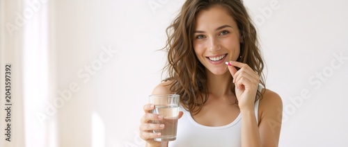 Smiling young woman taking a pink capsule with a glass of water. Happy female holding medication and drinking water. Health and wellness concept. Copy space