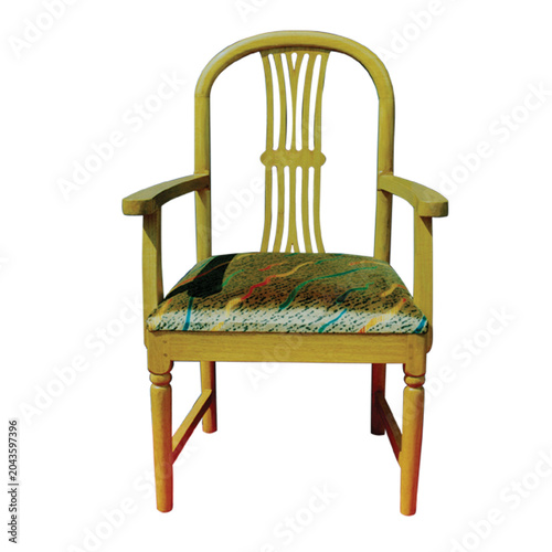Foto Vintage yellow wooden chair with patterned fabric seat and armrests isolated on transparent background