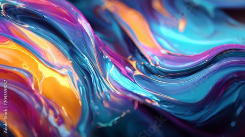 Vibrant liquid swirls in metallic blues, purples, and golds. Fluid motion mimics flowing paint or molten glass. Dynamic curves glow with a glossy, reflective surface