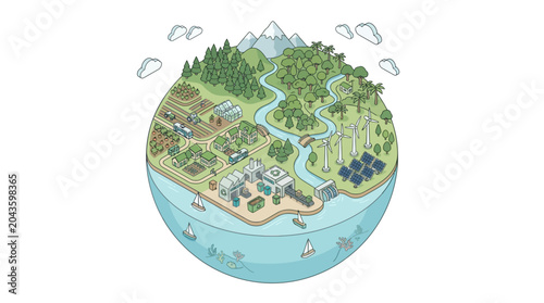 Isometric illustration displays a self-sustaining ecosystem with a river flowing from mountains to the ocean, showcasing renewable energy