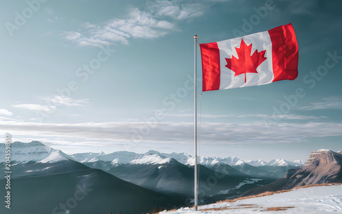Canada flag waving mountain winter