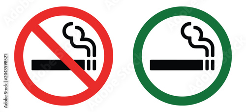 Fotografie No Smoking Signage, Forbidden Tobacco And Vape Icons, Restricted Area Symbols, Green Designated Smoking Space, Public Regulation Vector Design